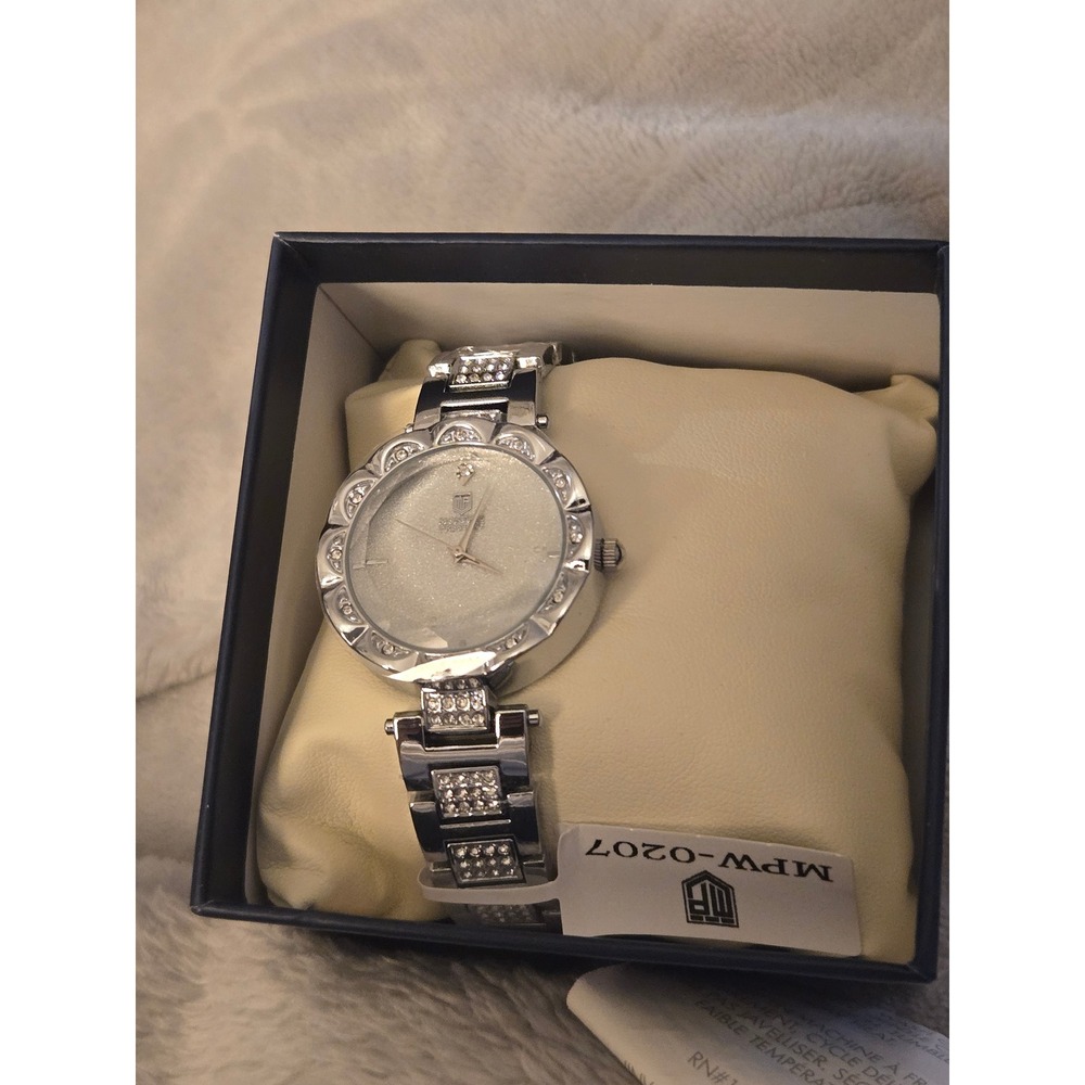 Montres Prestige MPW-0207 Silver Tone Crystal Accented Glitter Dial Watch New